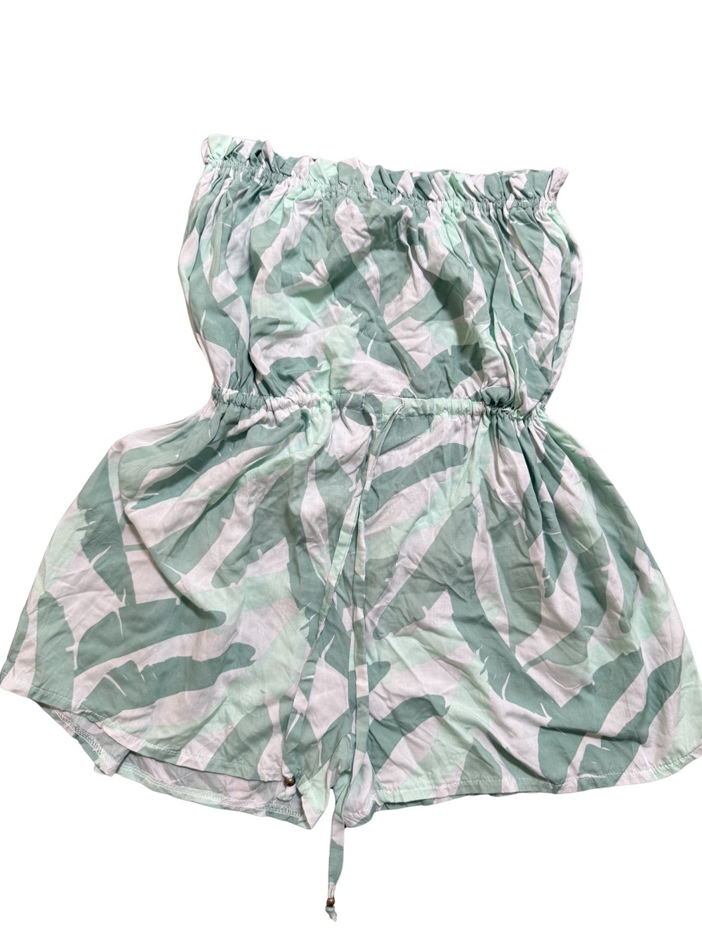 Mint Green Beachy Hawaii Vacation Leaf-Print Strapless Women's Shorts Romper M
